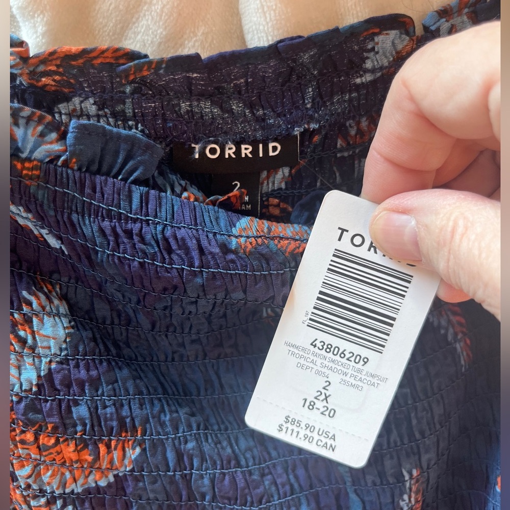 NWT Torrid Navy and Orange Leaf Print Jumpsuit - Picture 2 of 10